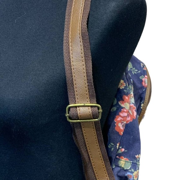 Navy Blue Pink Floral Faux Leather Trimmed Machine Washable Backpack Book Bag - Picture 3 of 6